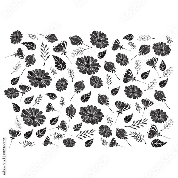 Obraz set of black and white flowers Set of Flower icons Silhouettes, Abstract botanical flower icon, vector botany floral design Cute round flower plant nature collection, Vector illustrator