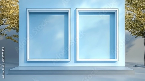 Fototapeta Empty square window frames on blue wall with shadows and tree reflections for mockup or background template