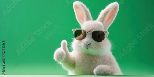 Fototapeta Cute Easter bunny with sunglasses showing a thumbs-up gesture on a green background, a concept for an Easter celebration banner or greeting card design. Close-up shot, 4K resolution, ultra-realistic