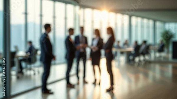 Fototapeta An abstract office shot with blurred silhouettes of business professionals against the evening light