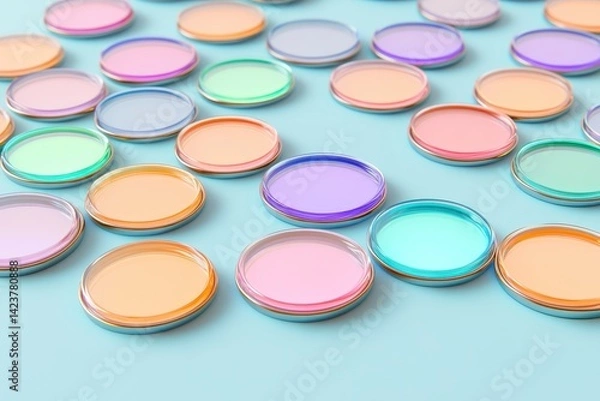 Fototapeta A Vibrant Display of Colorful Round Discs on a Soft Blue Surface