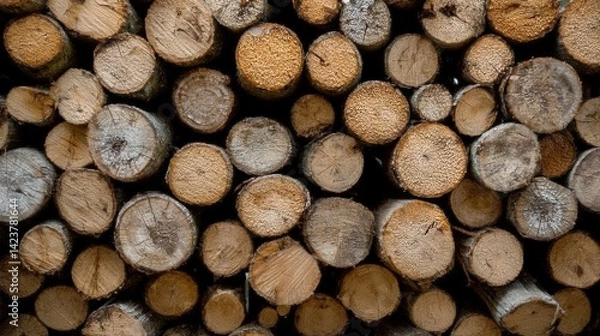 Fototapeta A pile of cut wood, stacked high and arranged neatly in rows and columns. The texture on the surface is visible, with each log displaying its unique patterned appearance.