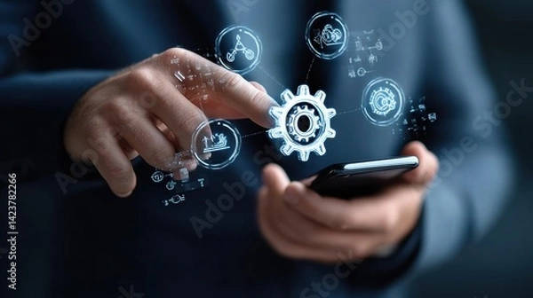 Fototapeta Businessman holding a smartphone and touching a gears icon with a digital hologram of icons on a virtual screen. This represents a technology business concept for information system or marketing plan