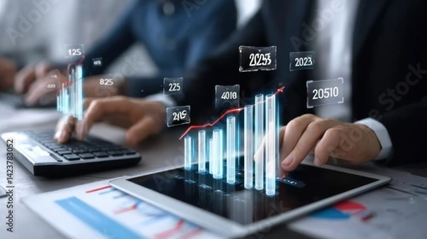 Fototapeta Businessmen use computers with holograms of growing graphs and the text "2025" on virtual screens for goal planning or business strategy, envisioning future success. This is a highly detailed