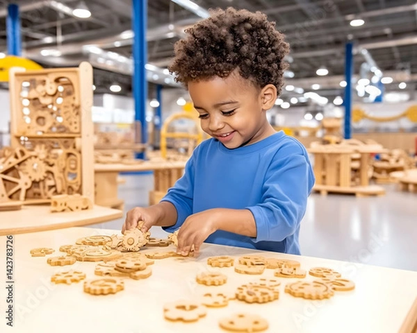 Fototapeta Happy toddler playing with wooden gears at a play center