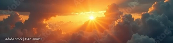 Obraz Golden sunlight bursts through dramatic cloudscape, beautiful, hope