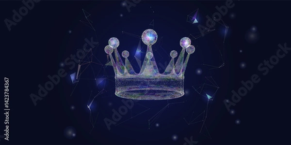 Fototapeta Abstract color crown with point on dark. Futuristic concept crown from dots and triangles in net with particles around.