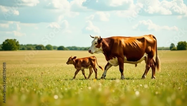 Obraz Hereford cow and calf stroll through Texas field , texas, cow, summer