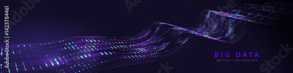 Fototapeta Dots big data on wavy way flow quantum computing. Futuristic digital data stream in dark. Technology transmission information in waves grid cyberspace.