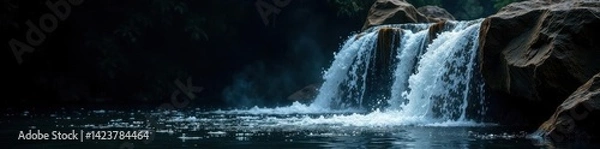 Fototapeta Isolated waterfall, cascading water, black backdrop, motion, horizontal, serenity