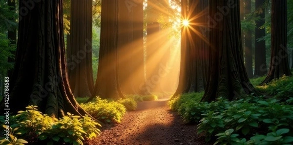 Obraz Golden sunlight streams through ancient redwoods onto path , California, scenery, stock photo