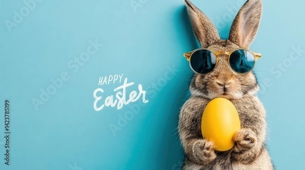 Fototapeta Happy Easter concept, a funny rabbit wearing sunglasses and holding a yellow Easter egg against a blue background, with copy space for text, suitable for a banner design.