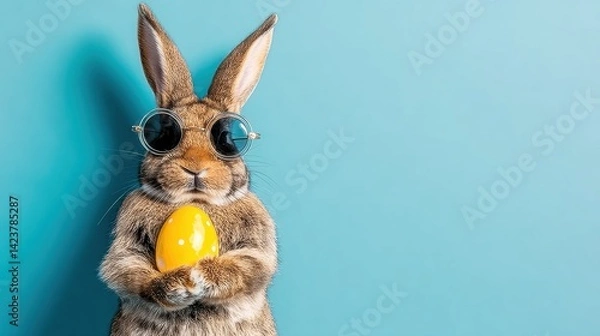 Fototapeta Happy Easter concept, a funny rabbit wearing sunglasses and holding a yellow Easter egg against a blue background, with copy space for text, suitable for a banner design.