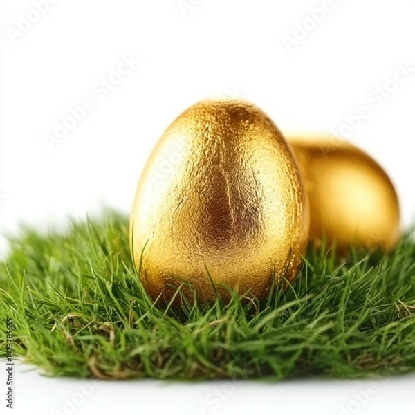 Fototapeta Golden Easter egg in green grass, isolated on a white background. Detailed illustration, high-resolution, professional photograph.