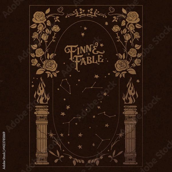 Fototapeta Fabulous vector frame with columns, wild roses and constellations. Cover for children's book. Magic and enchantment. Enchanted and magic garden. Spells and curses. Fables and tales.
