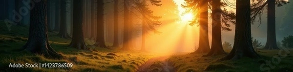 Obraz Golden light streams through tall pines, illuminating misty forest floor, atmosphere, sunbeams