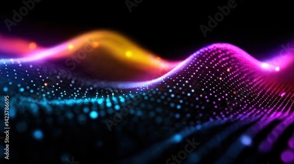Obraz Abstract background with colorful dots, waves, and gradient light effects for digital technology. Futuristic design vector illustration on a black background, with detailed, high-resolution photograph