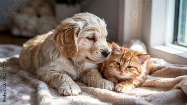 Fototapeta Puppy and kitten sleeping peacefully on a soft blanket, radiating warmth and serenity.
