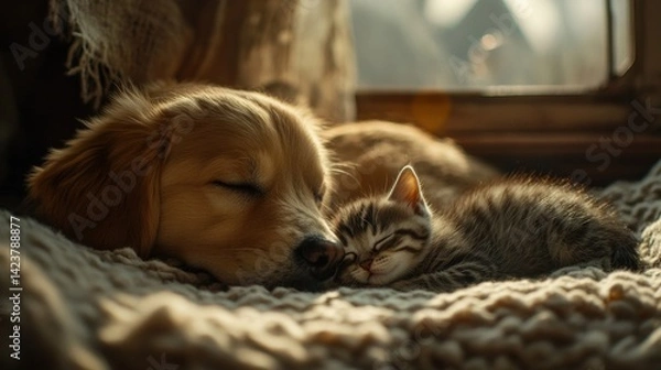 Fototapeta Puppy and kitten sleeping peacefully on a soft blanket, radiating warmth and serenity.

