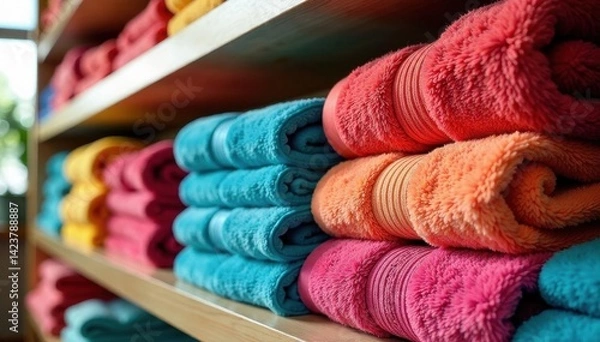 Obraz Neat stacks of vibrant bath towels on shelves , solid, product