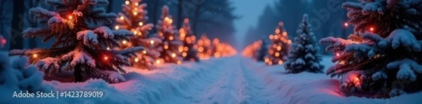 Obraz Glowing Christmas lights illuminate frosted trees and fresh snow , Christmas, nature, winter