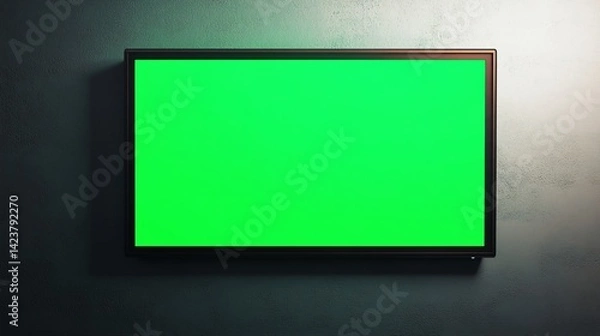 Fototapeta Vibrant green screen monitor on a neutral wall background used for video editing, graphic design, or content creation mockups.