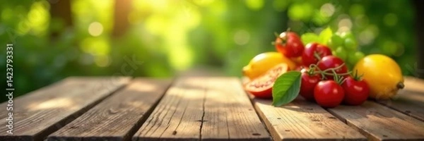Obraz Rustic wooden table, blurred summer party setting, rustic, sunshine, party