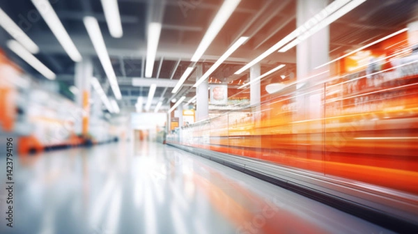 Fototapeta Image of supermarket shelves using motion and blur filters.