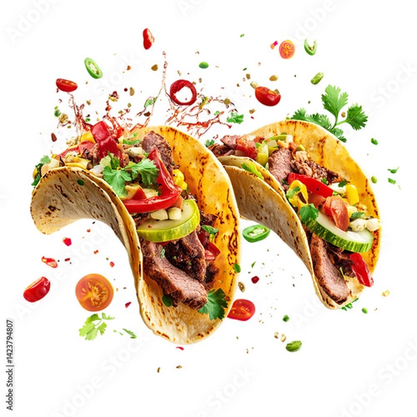 Fototapeta Delicious beef tacos with fresh vegetables and spices mexican food photography and recipe idea on transparent background