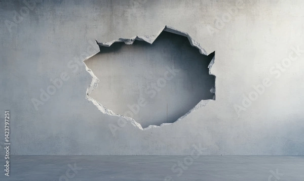 Fototapeta high resolution image of grey concrete wall featuring large, irregular hole. texture of concrete is visible, showcasing rough and unfinished look, evoking sense of rawness and industrial style