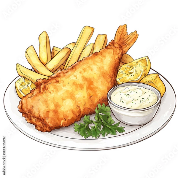 Fototapeta Delicious fish and chips with tartar sauce and lemon wedges perfect for lunch and dinner meal idea on transparent background