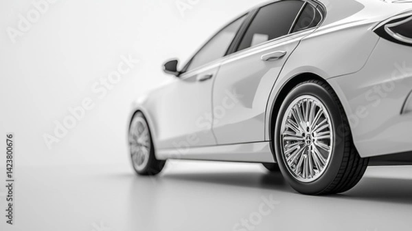 Fototapeta A luxury sedan with a smooth, elegant profile is displayed against a clean, white backdrop. The focus highlights the intricate wheel design and polished finish, emphasizing craftsmanship
