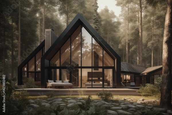 Fototapeta Private houses and villas in a modern architectural design against the backdrop of nature in the forest.