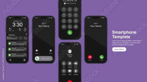 Fototapeta Smartphone UI Mockup with Incoming Call, Lock Screen, Dial Pad, and Notifications on Purple Background – Mobile App Interface Template. Vector.