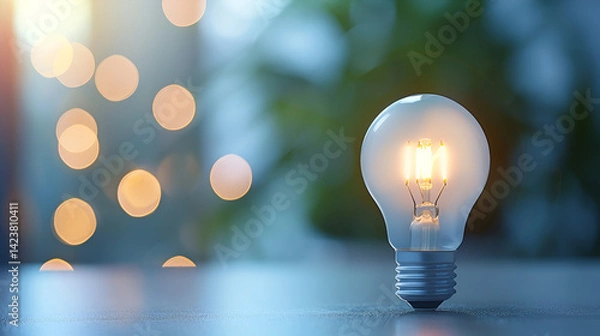 Fototapeta Single glowing light bulb outdoors against a blurred natural background with soft bokeh lights, representing inspiration, ideas, or illumination in an outdoor setting.
