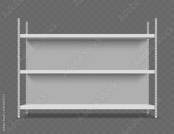 Obraz Blank empty trade stands shop racks. Storefronts shelves isolated on transparent background. Vector mockup