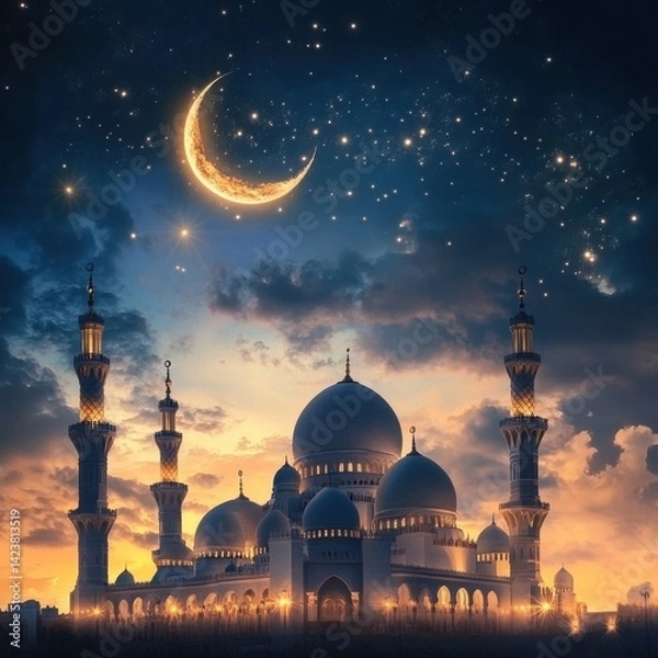 Obraz Majestic mosque under crescent moon and starry sky at sunset for ramadan celebration