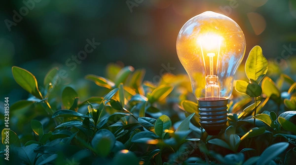 Fototapeta Glowing incandescent lightbulb nestled in lush green foliage, symbolizing green energy, sustainable ideas, or innovation in nature, with warm bokeh background.
