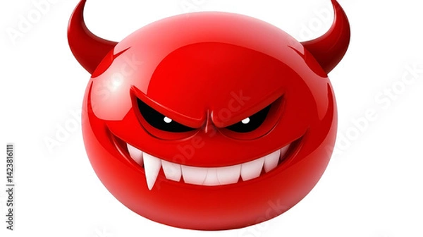 Fototapeta 3D Illustration Of A Red Devil Face With Horns And Sharp Teeth On Transparent Background