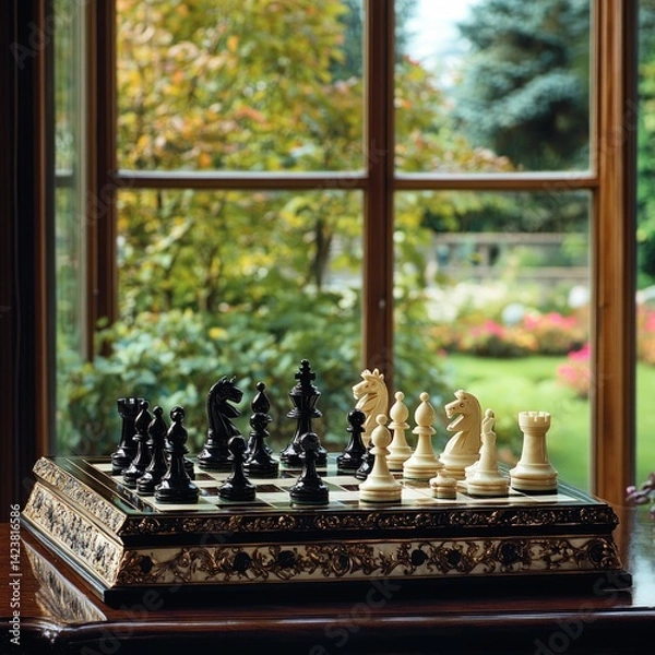 Fototapeta Chessboard on a wooden table with a view of a garden through a window