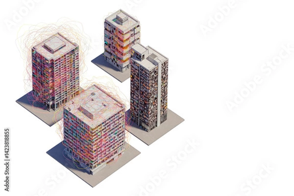 Fototapeta Multi-storey buildings with visualization of digital flows. Space for text.