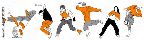 Fototapeta Set of teenager dancers hip hop, breakdance outline vector drawing isolated on white background. Young cool girl and boy dancing street dance colored sketch. Korean japanese asian thin line style.