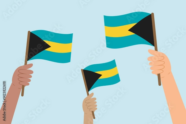 Obraz Diverse people hands raising flags of the Bahamas. Vector illustration of the Bahamas flags in flat style on blue background.