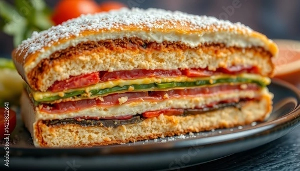 Fototapeta Close-up of a delicious Mexican torta, layered with fillings, cheese,  colorful