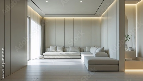 Fototapeta A serene space with soft light and streamlined surfaces