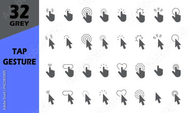 Obraz Pointer and hand finger tap gesture slide left and right grey solid pictogram icons. Pinch screen.