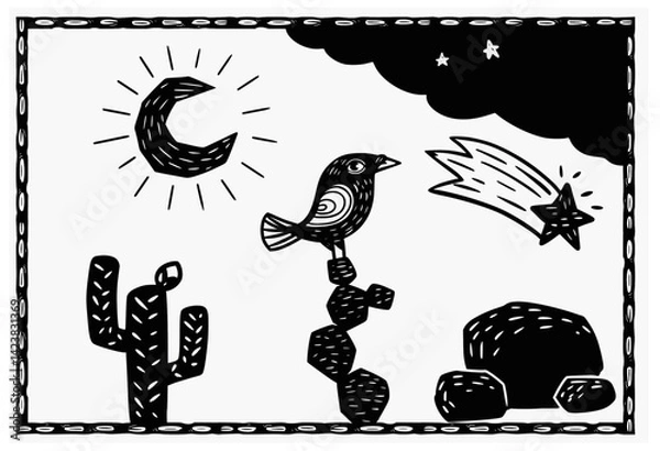Fototapeta Rustic woodcut-style illustration of a Northeastern Brazilian night scene with cactus, moon, shooting star, bird on rocks, and desert elements in folk art style.
