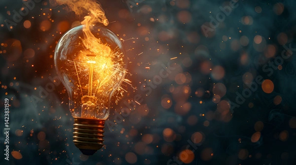 Fototapeta Fiery lightbulb explosion concept representing intense creative energy, innovation, or power, with dynamic sparks and smoke against a dark bokeh background.
