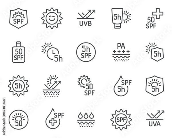 Obraz A set of editable vector icons on the theme of sunscreen and SPF. Icons featuring protection levels, exposure time, and UVA/UVB protection.