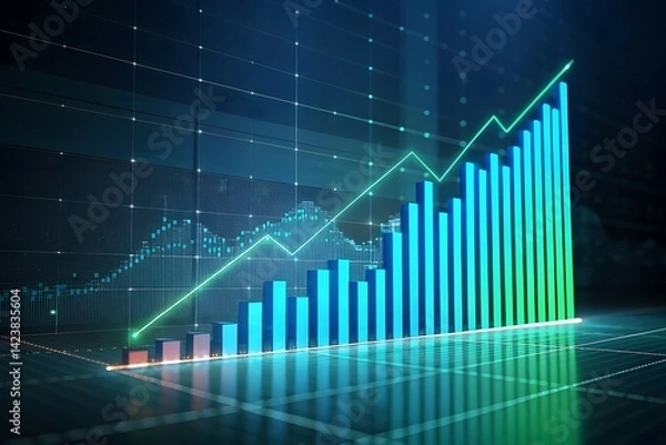 Fototapeta A glowing digital bar graph rising against a futuristic dark background